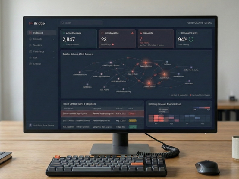 Bridge platform dashboard showing contract management, supplier network visualisation, and compliance monitoring